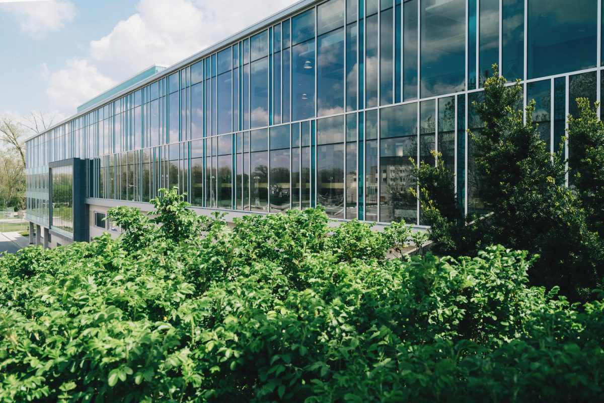 A building with many windows and bushes in front of it